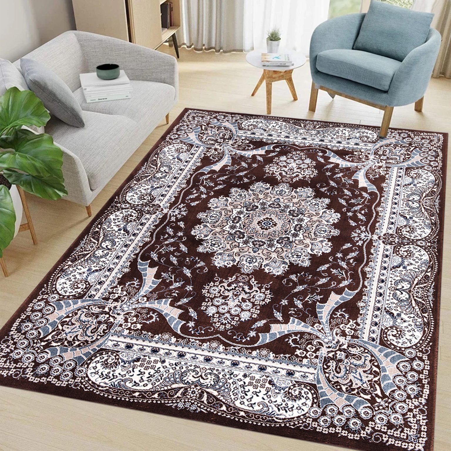 Living room with a brown traditional medallion rug from the Rada collection