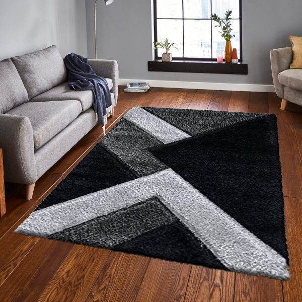 Nova geometric shaggy rug in Black Grey