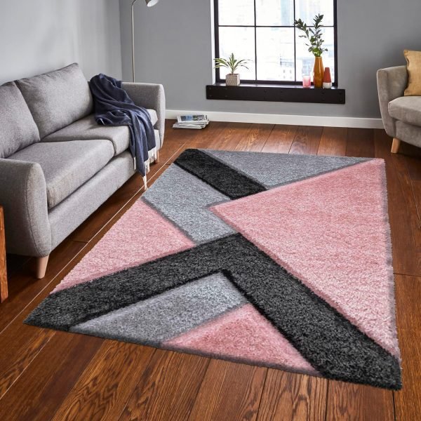 Nova geometric shaggy rug in Pink Grey