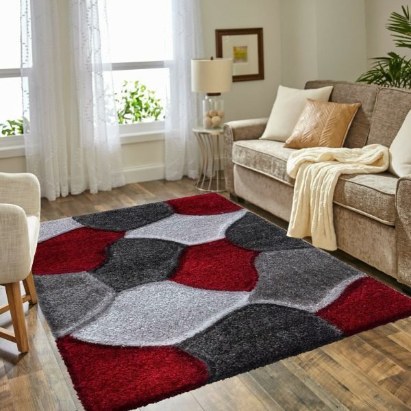 Pona geometric shaggy rug in Red Grey