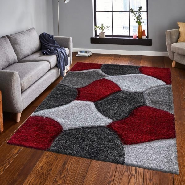 RedGrey-5.jpg Pona geometric shaggy rug in Red Grey