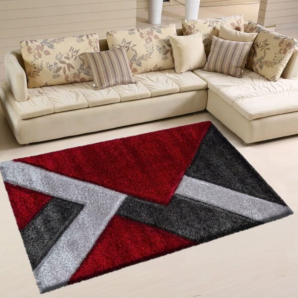 Nova geometric shaggy rug in Red Grey