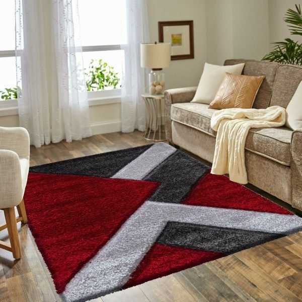 Nova geometric shaggy rug in Red Grey