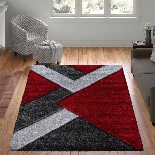Nova geometric shaggy rug in Red Grey