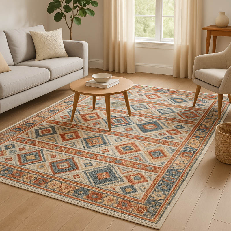 Living room styled with a patterned washable rug