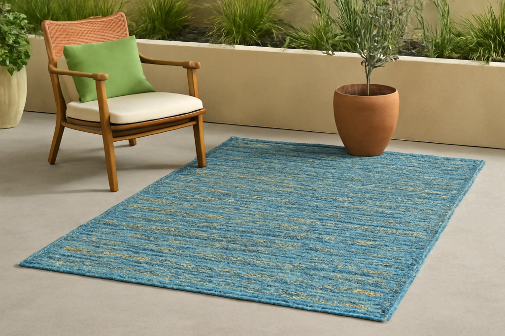 Blue outdoor rug on a garden patio