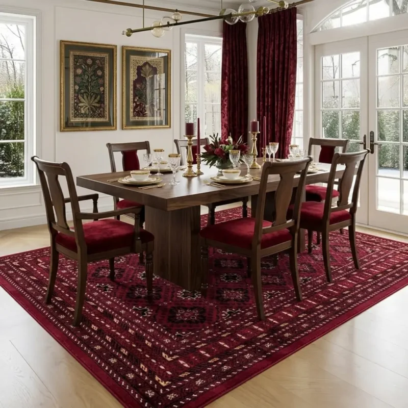 Dining table set on a red traditional rug