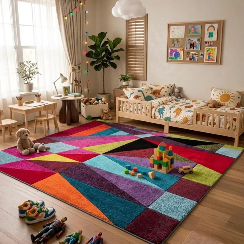 Colourful rug in a playful kids room