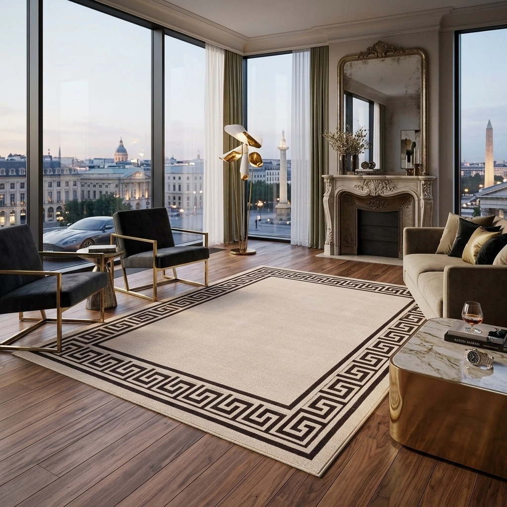 Living room with large windows and a bordered rug