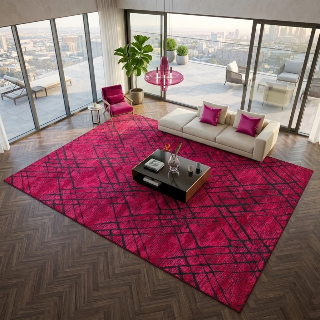 Pink geometric rug in a bright living room