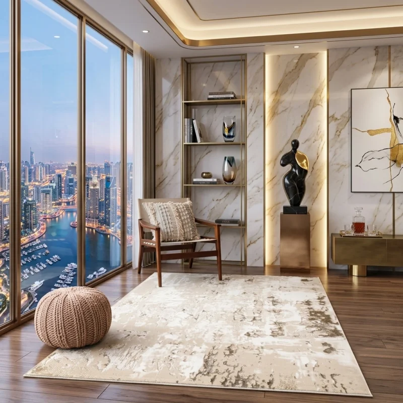 Beige abstract rug in a lounge with city views