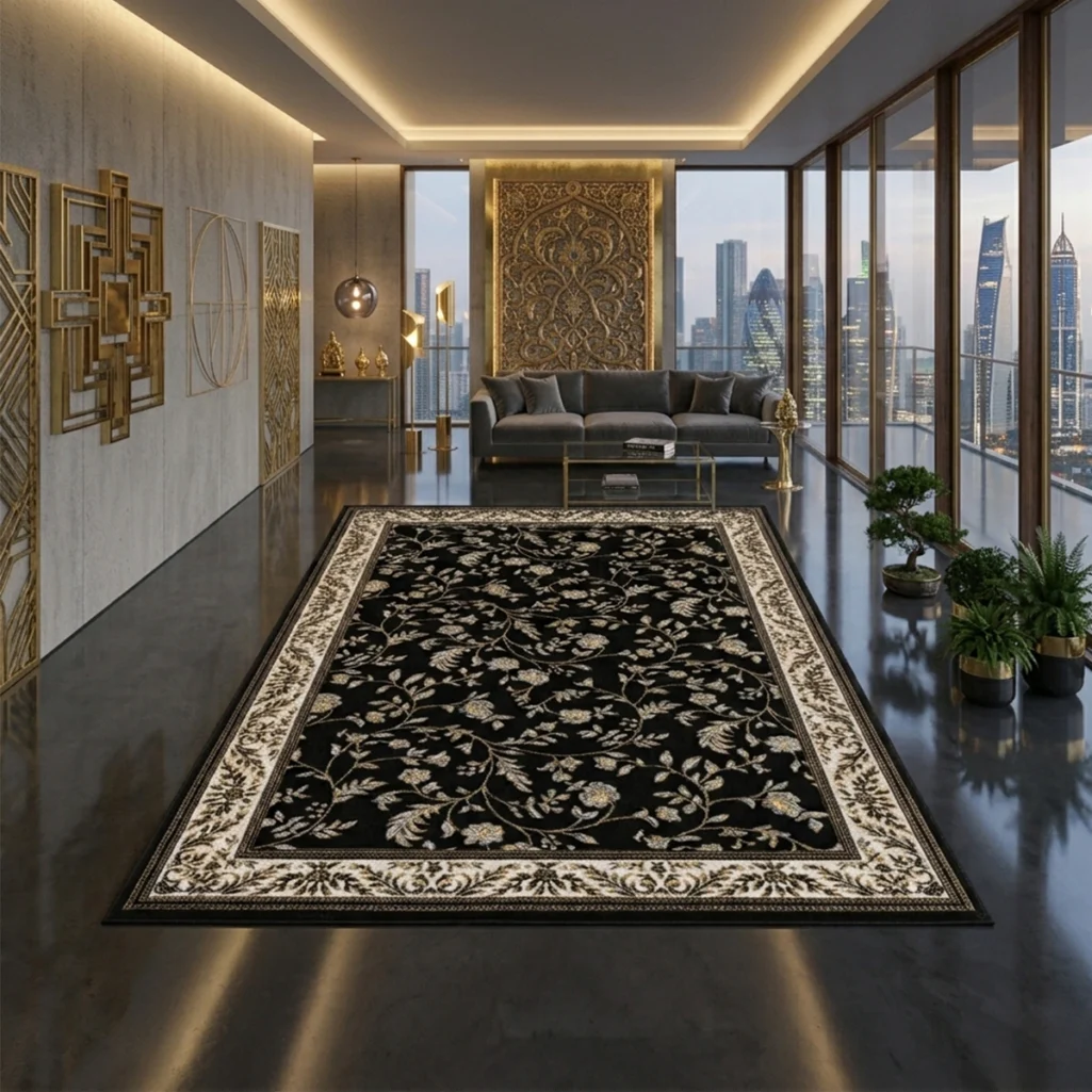 Dark vintage-style rug with an ornate border