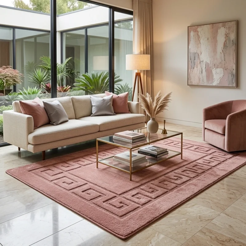 Pink bordered rug in a light living room