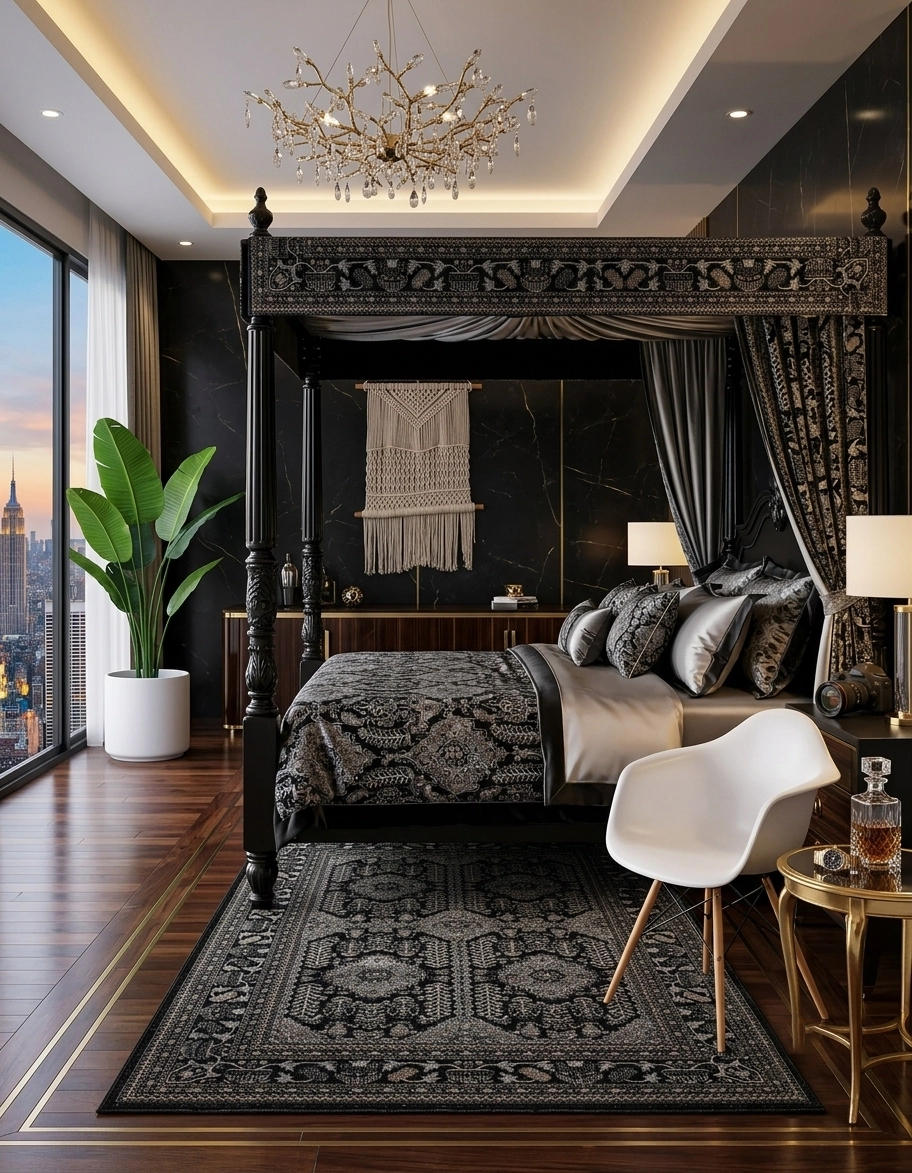 Bedroom with a traditional rug beside the bed