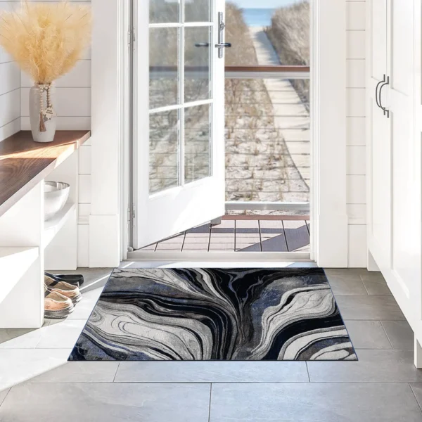 Gant Blue abstract rug 60 x 110 cm, low pile with jute back and non-slip strip, in a room setting