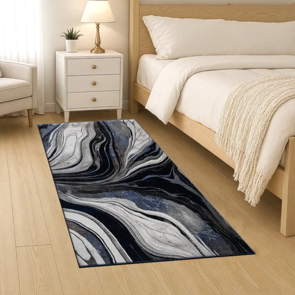 Gant Blue abstract rug 80 x 150 cm, low pile with jute back and non-slip strip, in a room setting