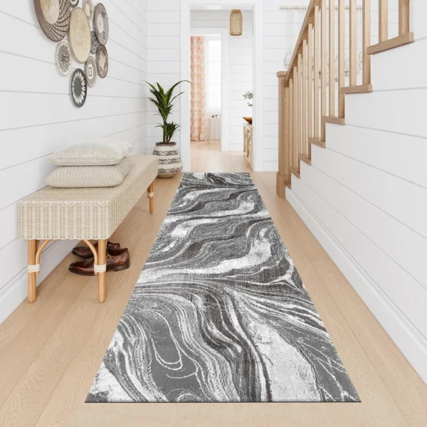 Gant Abstract Rug Dark Grey 60 x 300 cm Gant Dark Grey abstract rug 60 x 300 cm, low pile with jute back and non-slip strip, in a room setting