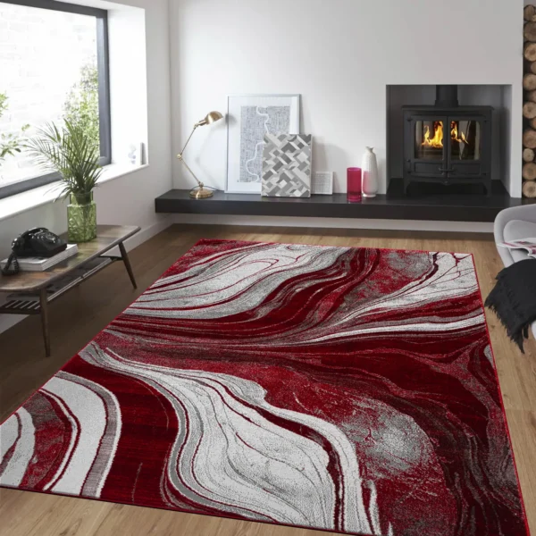 Gant Red abstract rug 200 x 290 cm, low pile with jute back and non-slip strip, in a room setting