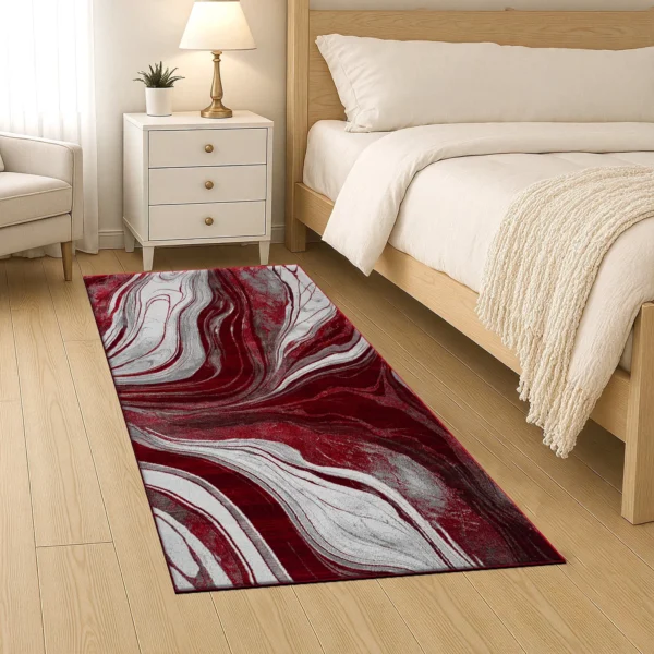Gant Red abstract rug 80 x 150 cm, low pile with jute back and non-slip strip, in a room setting