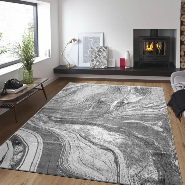 Gant Abstract Rug Silver 200 x 290 cm Gant Silver abstract rug 200 x 290 cm, low pile with jute back and non-slip strip, in a room setting