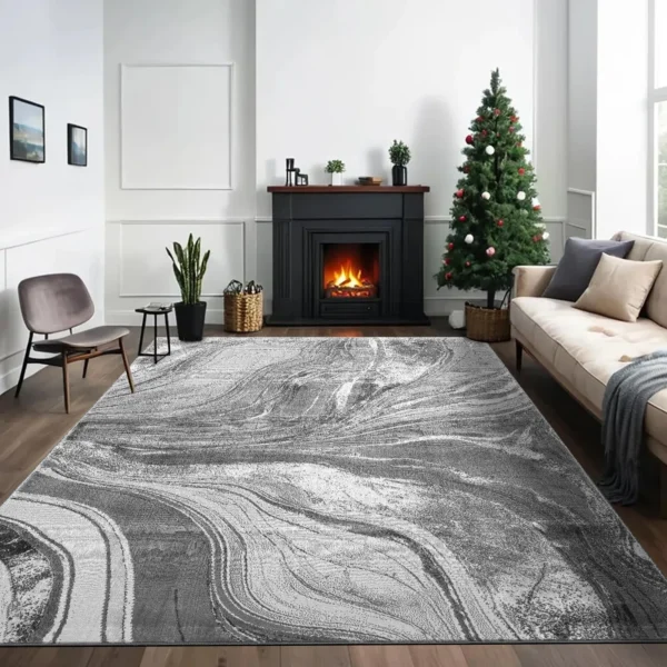Gant Silver abstract rug 240 x 320 cm, low pile with jute back and non-slip strip, in a room setting