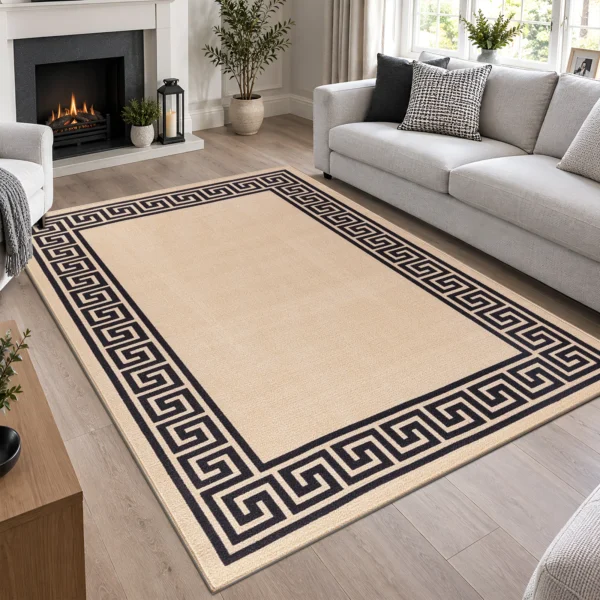 Greeky Bordered Rug Beige Black 160 x 230 cm Greeky Beige Black bordered rug 160 x 230 cm with Greek key border, low pile and non-slip backing, in a living room