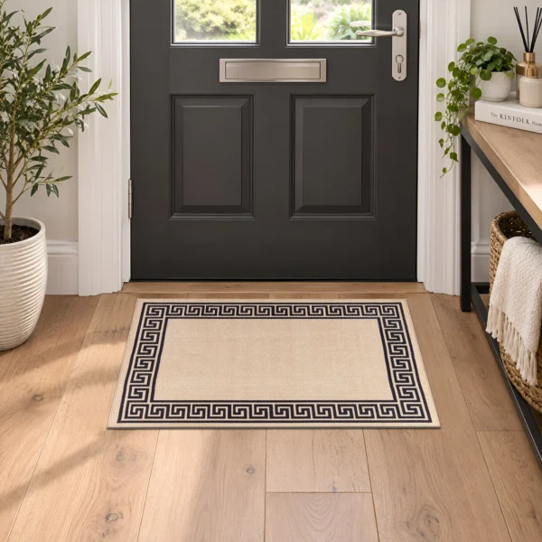 Greeky Bordered Rug Beige Black 40 x 60 cm Greeky Beige Black bordered rug 40 x 60 cm with Greek key border, low pile and non-slip backing, in a living room
