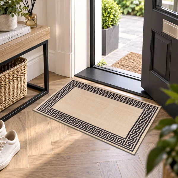 Greeky Bordered Rug Beige Black 50 x 80 cm Greeky Beige Black bordered rug 50 x 80 cm with Greek key border, low pile and non-slip backing, in a living room