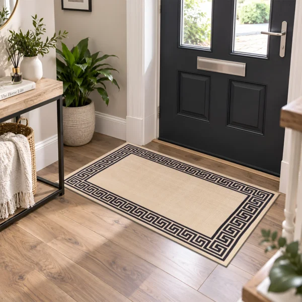 Greeky Bordered Rug Beige Black 66 x 120 cm Greeky Beige Black bordered rug 66 x 120 cm with Greek key border, low pile and non-slip backing, in a living room