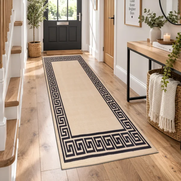 Greeky Beige Black bordered rug 66 x 220 cm with Greek key border, low pile and non-slip backing, in a living room