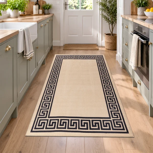 Greeky Beige Black bordered rug 80 x 150 cm with Greek key border, low pile and non-slip backing, in a living room