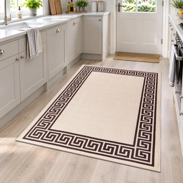 Greeky Bordered Rug Beige Brown 120 x 170 cm Greeky Beige Brown bordered rug 120 x 170 cm with Greek key border, low pile and non-slip backing, in a living room