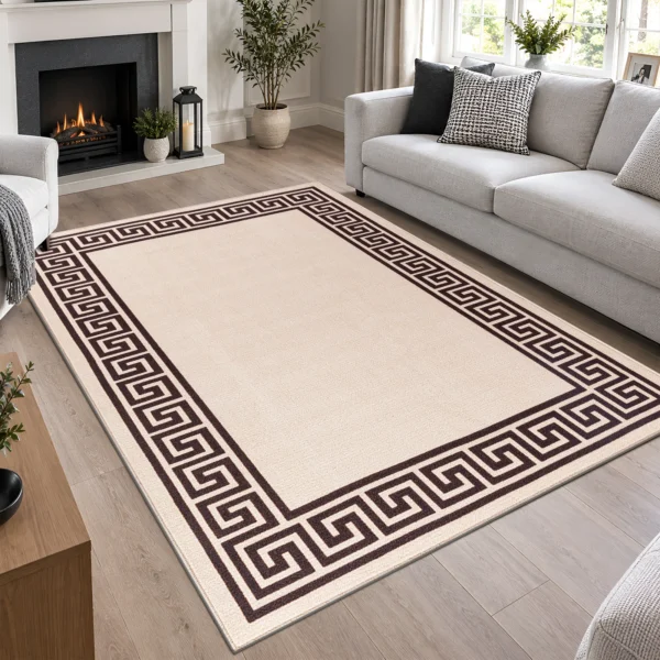 Greeky Bordered Rug Beige Brown 160 x 230 cm Greeky Beige Brown bordered rug 160 x 230 cm with Greek key border, low pile and non-slip backing, in a living room