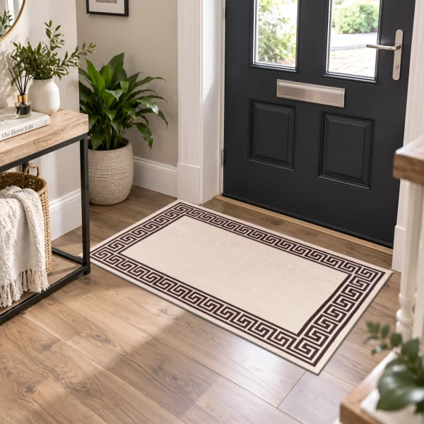 Greeky Bordered Rug Beige Brown 66 x 120 cm Greeky Beige Brown bordered rug 66 x 120 cm with Greek key border, low pile and non-slip backing, in a living room