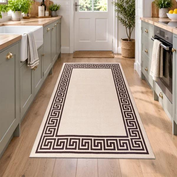 Greeky Bordered Rug Beige Brown 80 x 150 cm Greeky Beige Brown bordered rug 80 x 150 cm with Greek key border, low pile and non-slip backing, in a living room