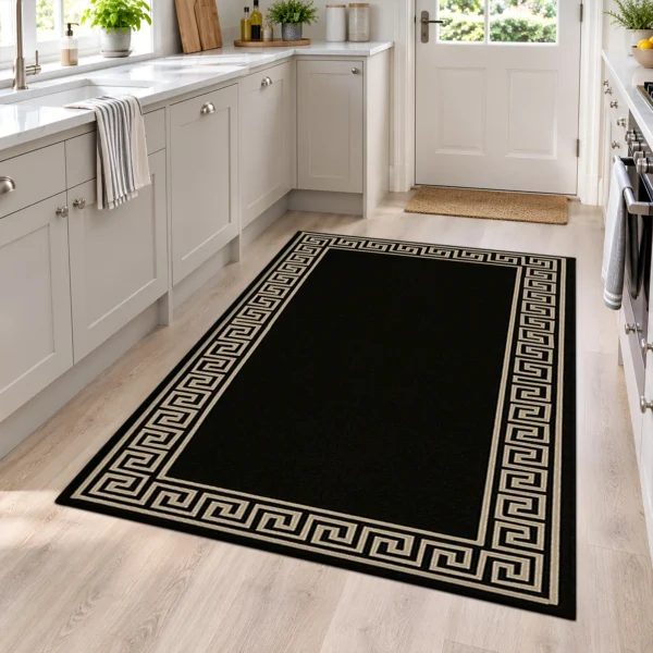 Greeky Bordered Rug Black Beige 120 x 170 cm Greeky Black Beige bordered rug 120 x 170 cm with Greek key border, low pile and non-slip backing, in a living room