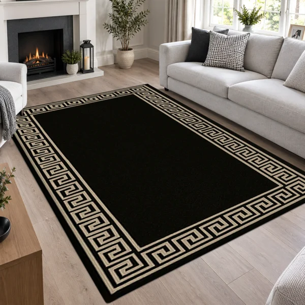 Greeky Bordered Rug Black Beige 160 x 230 cm Greeky Black Beige bordered rug 160 x 230 cm with Greek key border, low pile and non-slip backing, in a living room