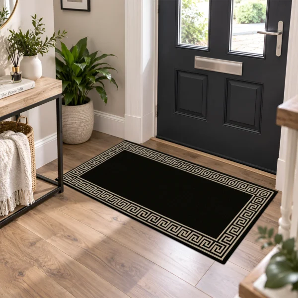 Greeky Bordered Rug Black Beige 66 x 120 cm Greeky Black Beige bordered rug 66 x 120 cm with Greek key border, low pile and non-slip backing, in a living room