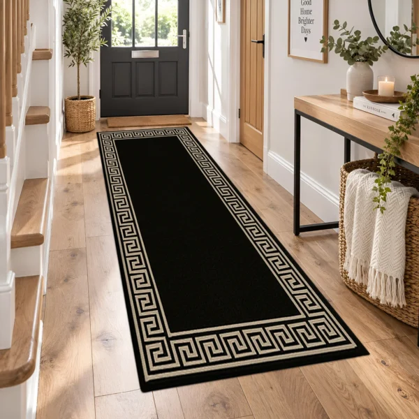 Greeky Black Beige bordered rug 66 x 220 cm with Greek key border, low pile and non-slip backing, in a living room