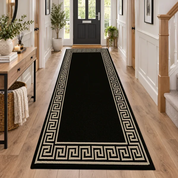 Greeky Bordered Rug Black Beige 80 x 300 cm Greeky Black Beige bordered rug 80 x 300 cm with Greek key border, low pile and non-slip backing, in a living room