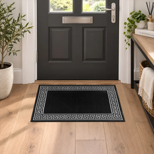 Greeky Bordered Rug Black Grey 40 x 60 cm Greeky Black Grey bordered rug 40 x 60 cm with Greek key border, low pile and non-slip backing, in a living room