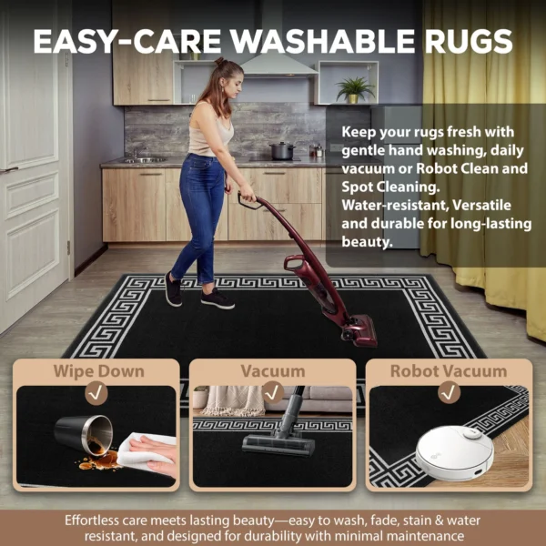 Greeky Black Grey bordered rug – easy-care washable