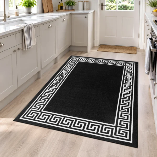 Greeky Black White bordered rug 120 x 170 cm with Greek key border, low pile and non-slip backing, in a living room