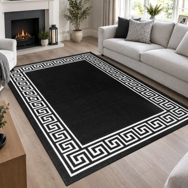 Greeky Black White bordered rug 160 x 230 cm with Greek key border, low pile and non-slip backing, in a living room