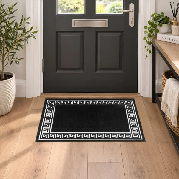 Greeky Bordered Rug Black White 40 x 60 cm Greeky Black White bordered rug 40 x 60 cm with Greek key border, low pile and non-slip backing, in a living room