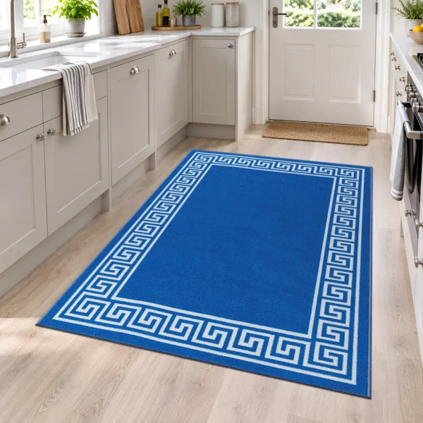 Greeky Bordered Rug Blue Cream 120 x 170 cm Greeky Blue Cream bordered rug 120 x 170 cm with Greek key border, low pile and non-slip backing, in a living room