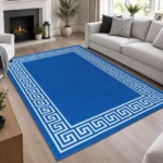 Greeky Blue Cream bordered rug 160 x 230 cm with Greek key border, low pile and non-slip backing, in a living room