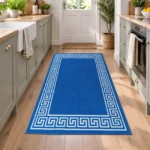 Greeky Blue Cream bordered rug 80 x 150 cm with Greek key border, low pile and non-slip backing, in a living room