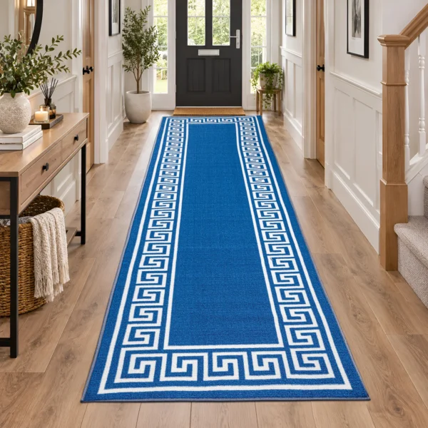 Greeky Bordered Rug Blue Cream 80 x 300 cm Greeky Blue Cream bordered rug 80 x 300 cm with Greek key border, low pile and non-slip backing, in a living room