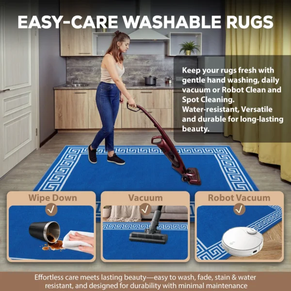 Greeky Blue Cream bordered rug – easy-care washable